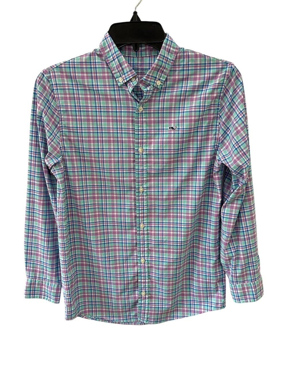 Vineyard Vines Performance Button Down Shirt Plaid Boys Medium Blue Grren Purple
